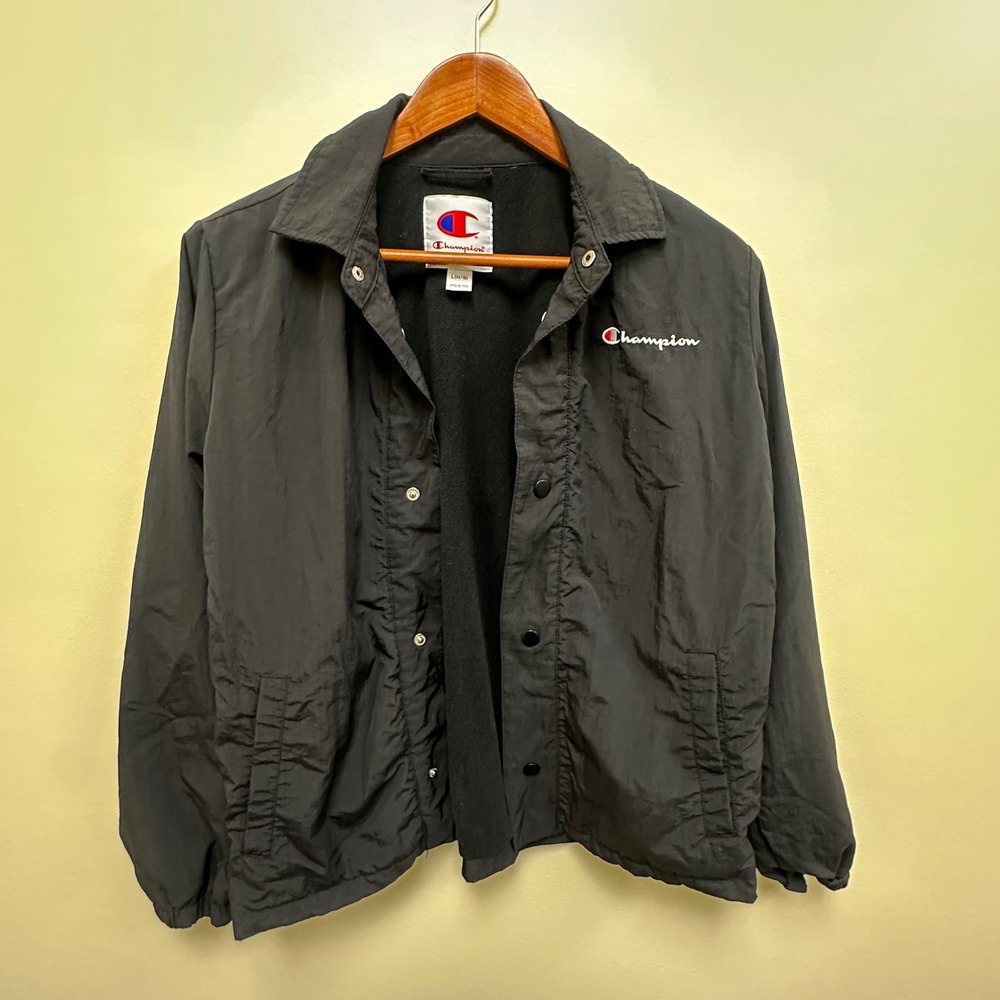 Champion Kids Coaches Jacket Black Fleece Lined Snap Front Size L 14/16